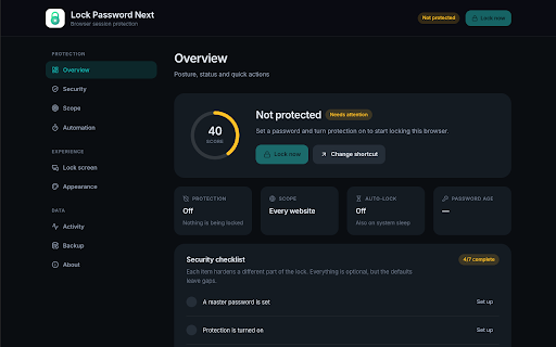 Lock Password Next :: Password-lock your browser session. Hotkey and idle auto-lock, per-site scope, recovery codes and a local audit trail.