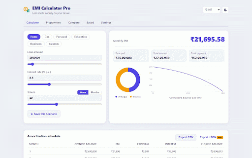 EMI Calculator Pro :: Calculate loan EMIs, amortization schedules, prepayment savings and loan comparisons — fully offline, no ads, no tracking.