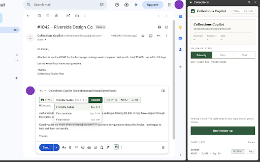 Collections Copilot - Overdue Invoice & Payment Reminders for Gmail :: Overdue invoice and payment reminder emails, drafted inside Gmail. Friendly, firm, or final notice, written from the thread.