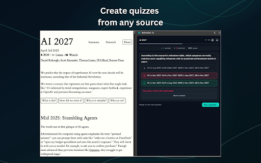 Refresher AI :: Save the current page to Refresher AI and quiz yourself from Chrome's side panel.