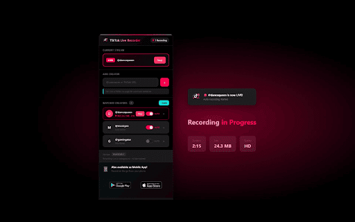 DanceTok Live Recorder :: Record TikTok, Twitch, Kick, & Douyin live streams automatically. Monitor creators, auto-record in the background, and save locally.