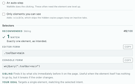 ISG WalkMe jQuery Selector Assistant :: ISG’s tool to build the right WalkMe jQuery selector from any element, with live match counts and the reasoning behind each pick.
