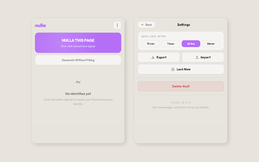 nulla :: One-click anonymous signups. Generate fake identities, catch verification emails, auto-verify — all locally encrypted.