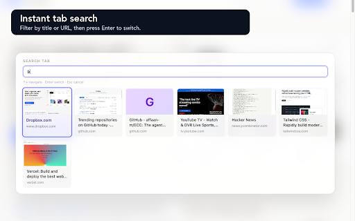 TabGlance - Visual Tab Switcher :: Keyboard visual tab switcher: thumbnail previews, MRU order, instant search, and one-key quick swap. Switch tabs by sight.