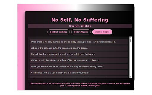 No Self, No Suffering :: A extension offering 100 mindfulness quotes categorized into Buddhist Teachings, Modern Masters