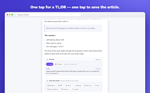 FeedLens — AI RSS Reader :: Find feeds on any site, read them in a clean local reader, and let AI cut the flood. No account needed.