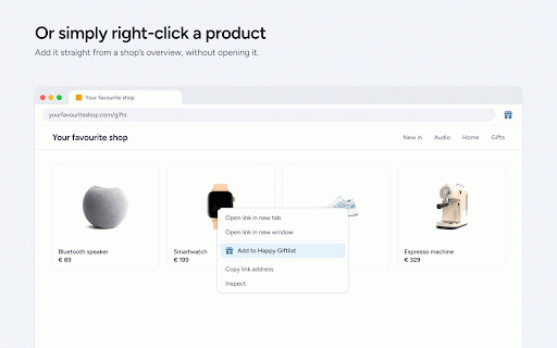 Happy Giftlist :: Add any product from any web shop to your Happy Giftlist wishlist in one click. Free, and friends can reserve without spoiling it.