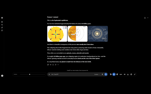 ChatGPT Audio Controls & Read Aloud :: ChatGPT Read Aloud controls: pause, seek, speed, volume, audio downloads, shortcuts and response buttons.