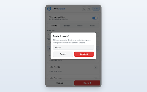 TweetDelete – Delete Tweets, Retweets & Likes in Bulk :: Delete all tweets, retweets, replies & likes in bulk. Filter by keyword or date, back up first, and clean your X history fast.