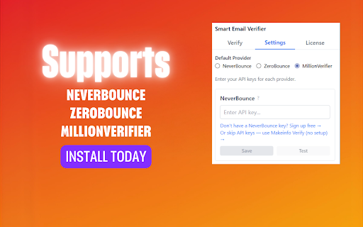 Smart Email Verifier :: Verify email addresses on any webpage using NeverBounce, ZeroBounce, or MillionVerifier.