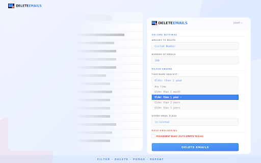 Delete Emails : Mass delete emails on gmail :: Easily mass delete emails on gmail. Bulk remove spam, clean up your inbox, and free up storage space with one click.