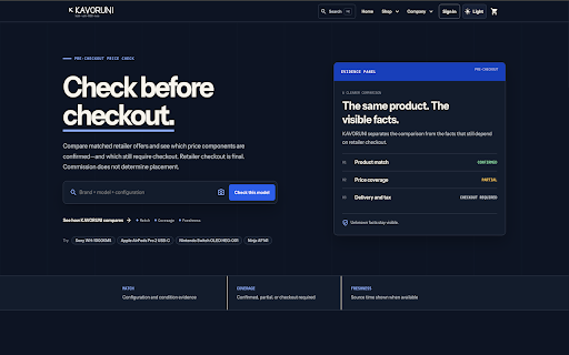 KAVORUNI — Check Before Checkout :: Check matched, lower item-price offers on supported product pages. Shipping, tax, stock, and final total require retailer checkout.