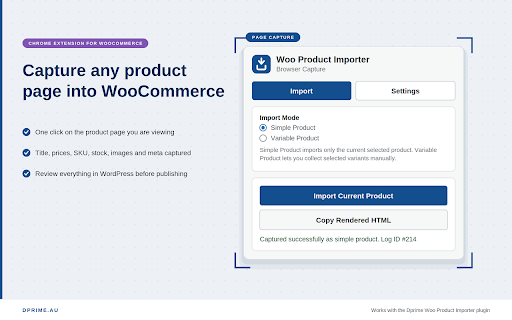 Dprime Woo Product Importer :: Capture product pages from any website and send them to WooCommerce through the Dprime Woo Product Importer plugin.