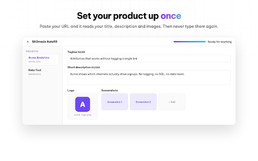 SEOmade Autofill — submit your product anywhere :: Store your product once, then fill any directory submission form in one click — copy, logo, screenshots, category and tags.