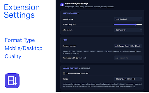 GetFullPage — Full Page Screenshot :: Capture an entire webpage as one image or PDF. One click, one complete page, nothing uploaded. 100% local, no account.