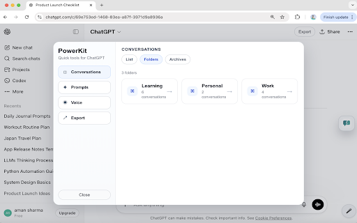 PowerKit for ChatGPT :: Organize conversations, save and reuse prompts, use voice tools, and export chats faster inside ChatGPT.