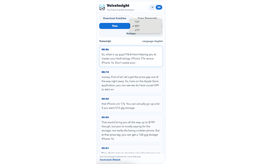 VoiceInsight - YouTube Subtitles & Transcript Downloader :: Easily download subtitles & transcript while browsing YouTube videos.