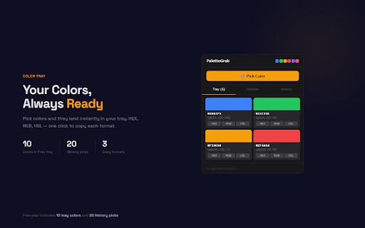PaletteGrab — Color Picker & Palette Tool :: MV3 color picker & palette manager. Pick colors with EyeDropper API. Export to Tailwind, CS... | Not affiliated with Anthropic, PBC.