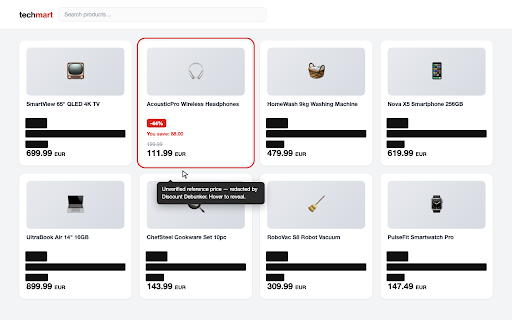 Discount Debunker — Redact Fake Sale Prices :: Blacks out fake strikethrough prices and bogus savings claims on shopping sites. Hover to reveal. No data collection.