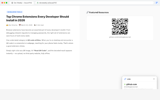 QR Code Reader :: Right-click any image to instantly decode its QR code. Works offline, no uploads, fully private.
