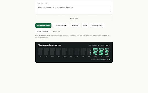 Daily Log :: Track daily goals with one-tap timers, a year-long heatmap, a mind map, and searchable 3-year history. All data stays in-browser.