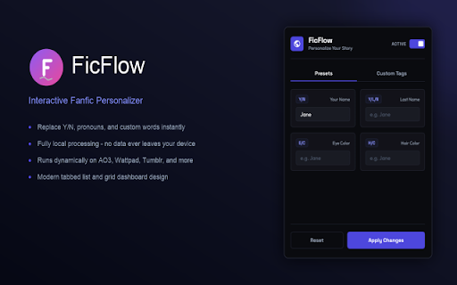 FicFlow: Interactive Fanfic Personalizer :: Personalize fanfic stories. Replace Y/N, eye color, hair color and name placeholders with your own choices for immersive reading.