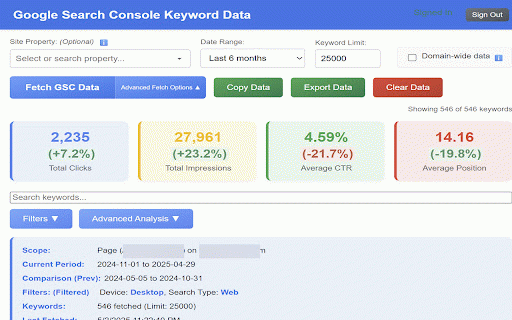 GSC Page Keywords (API Ver) :: Check keywords for current page/domain directly via GSC API