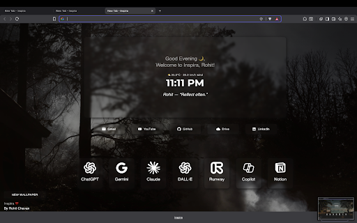 Inspira – Personal New Tab Dashboard AI and More :: Transform your new tab into a personal dashboard with live time, weather, quotes, wallpapers, quick links & top AI tools.