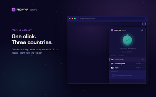 Proxyma — Free Proxy :: Route your browser traffic through a free proxy in the US, UK or Japan. Single purpose: proxy connection only.