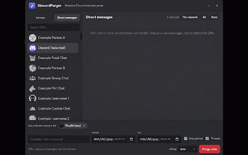 DiscordPurger :: Purge Discord messages from servers or DMs at a safe pace, with live progress and a minimizable overlay.