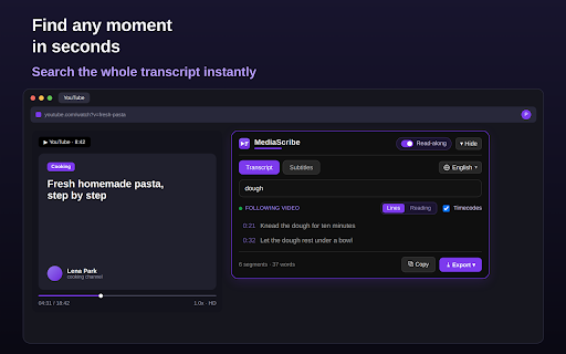 YouTube Transcript — Get Transcript of YouTube Video to Text :: Convert any YouTube video to text and get the youtube transcript — timestamps, search, translate, copy and export to TXT/SRT/VTT.