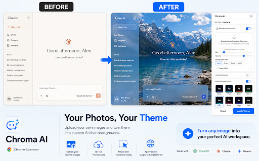 ChatGPT, Claude & Gemini Themes – Chroma AI :: Themes, wallpapers & custom backgrounds for ChatGPT, Claude & Gemini. Glass effects, GIF backgrounds, community theme gallery.