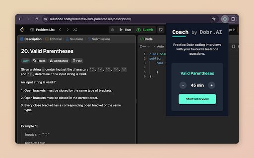 Leetcode Coach :: A chrome extension to convert any leetcode question to a Dobr interview