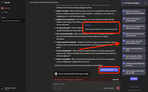 AI Prompts Navigator :: Navigate AI chat conversations with ease. Instantly Jump between questions in ChatGPT, Claude, Gemini & more using this side panel.