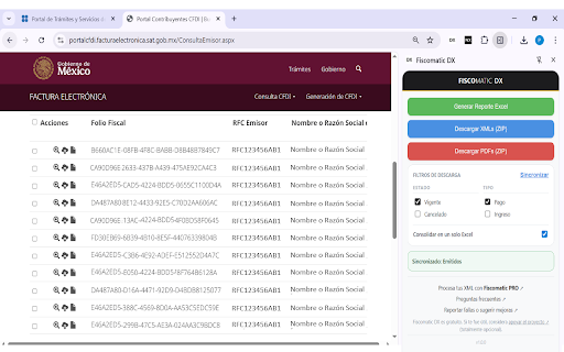 Fiscomatic DX :: Descarga masiva de CFDI del SAT (XMLs y PDFs) con filtros por estado y tipo. Reporte Excel. 100% local, sin registro.