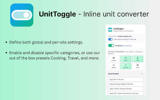 UnitToggle — Inline Unit Converter :: Convert units on any page—fast, local, and private. Hover/click tooltips, per-site on/off, friendly rounding.