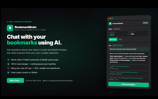 BookmarkBrain :: Chat with your X/Twitter bookmarks and Reddit saved posts using AI.