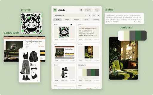 Moody :: Sauvegarde en 1 clic des pages, images et textes pour créer un moodboard visuel sans friction.
