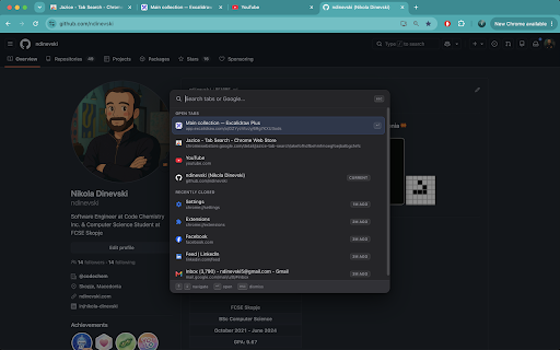 Jazice - Tab Search :: Press Cmd+K (Ctrl+K) to instantly search and jump between your open tabs, or Google anything new.