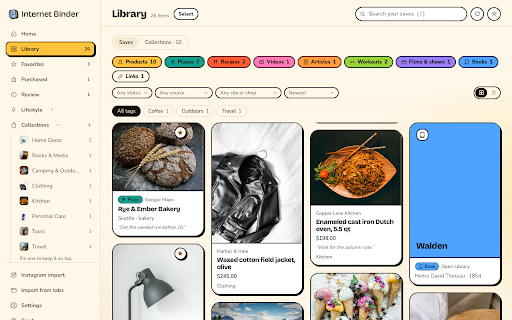 Internet Binder :: Save products, places, recipes, workouts, videos and more from any site. Sorted for you and kept on your device. No account.