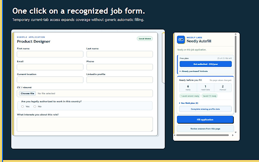 Job Application Autofill — Needly :: Autofill job applications on Workday, Greenhouse, Lever, Ashby, and other recognized forms. Your profile stays on your device.