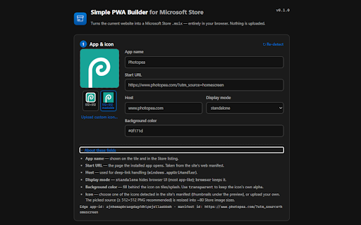 PWA to MSIX — Simple PWA Builder & Packager for Microsoft Store :: Package any PWA into a Microsoft Store MSIX in your browser. A simple PWA-to-MSIX packager for Store upload & sideloading.