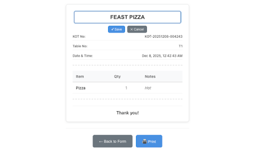 Basic KOT Maker :: Quickly create and print Kitchen Order Tickets (KOTs) for restaurant staff
