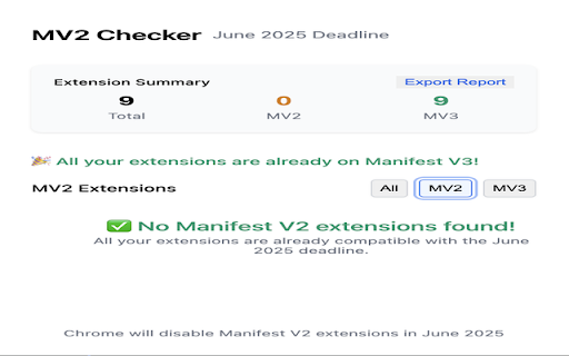 MV2 Checker – Will your extensions survive June 2025? :: Scan your installed add‑ons and flag everything still on Manifest V2.