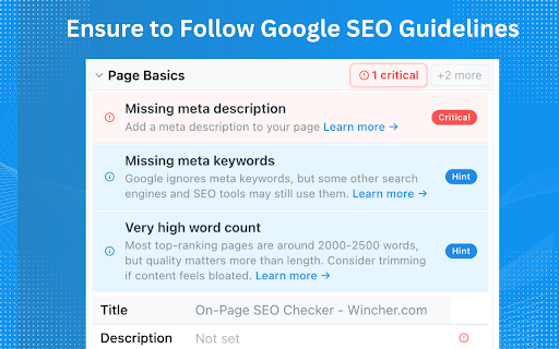On Page SEO Checker :: Install On Page SEO Checker to run website analyzer, perform SEO audit, get SEO checklist report, and boost search engine rankings.
