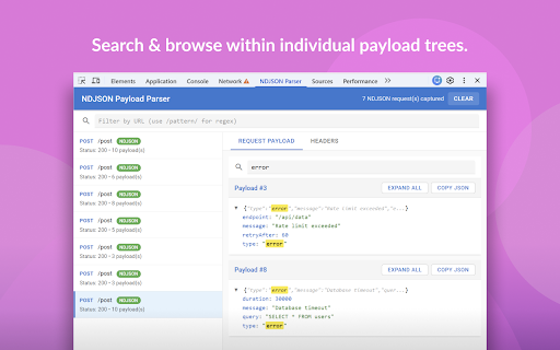 NDJSON Payload Parser :: Parse NDJSON network payloads in DevTools with interactive JSON trees, search, and filtering