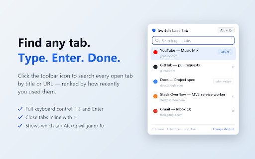 Switch Last Tab :: Switch to the last active tab with Alt+Q — even across windows.