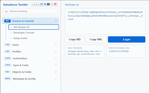 SF Admin Toolkit :: Get Salesforce session ID and quick admin tools
