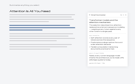 Smart Summarizer :: Select any text on any page, right-click, and get a clear AI explanation in your chosen language — using your own API key.