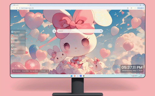 My Melody Sky Live Wallpaper :: My Melody floating among heart balloons in dreamy sunset sky with plush friends and pink bow.